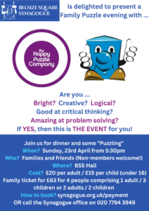 Join us for dinner and some “Puzzling”. Non-members welcome. £20 per adult, £15 per child (under 16), £63 family ticket for four people (1 adult/3 children or 2 adults/2 children)