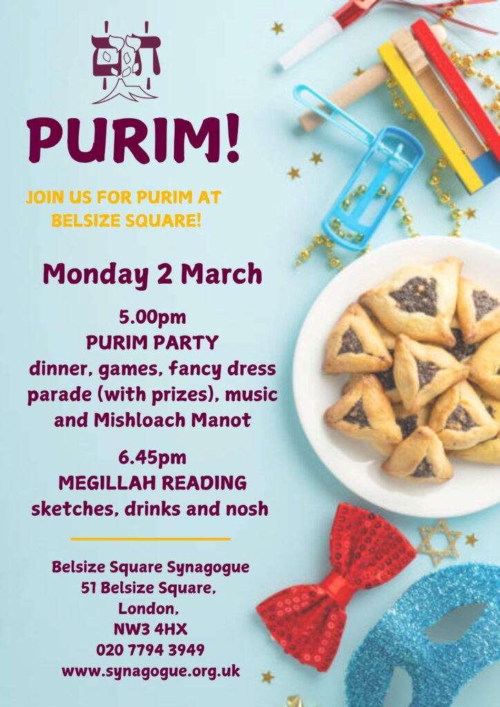 5 pm: Purim Party with dinner, games, fancy dress parade, music and Mishloach Manot
6:45 pm: Megillah reading with sketches, drinks, nosh